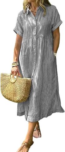 فستان قميص نسائي صيفي مخطط بأزرار سفلية من ThCreasa بأكمام قصيرة وطية صدر السترة وفساتين طويلة متوسطة الطول مع جيوب in Kuwait