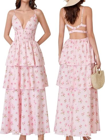 GLNEGE Womens Summer Floral Maxi Dresses Spaghetti Strap Boho Tiered Flowy Beach Dress for Wedding Guest Tea Party Sundress in Kuwait