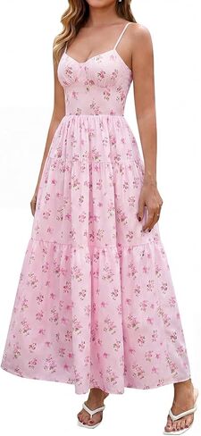 Summer Floral Maxi Dress Boho Lace Up Spaghetti Strap V Neck Beach Vacation Long Dresses for Women 2026 in Kuwait