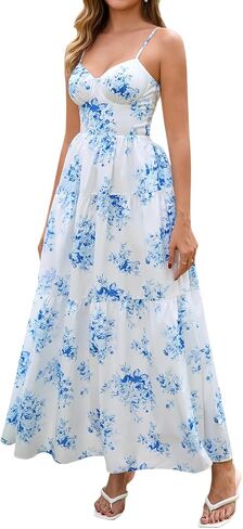 Summer Floral Maxi Dress Boho Lace Up Spaghetti Strap V Neck Beach Vacation Long Dresses for Women 2026 in Kuwait