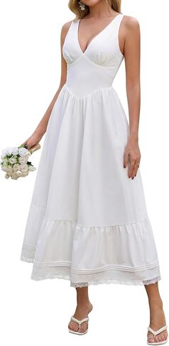 فستان مشد زهري ميدي كاجوال بياقة على شكل V لربيع وصيف دانتيل فستان الشمس المتدفق فساتين زفاف الضيوف للنساء 2026 in Kuwait