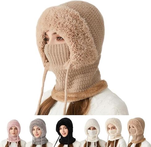 3 in 1 Beanie Hat for Women, Sherpa Hood Ski Mask, Fall Winter Warm Knitted Windproof Balaclava Scarf with Face Cover in Kuwait