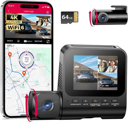 LD08 5K 3 Channel Dash Cam with 128GB eMMC, ADAS, Dashcam Front and Rear Insided with 5GHz WiFi GPS, Voice Control Night Vision G-Sensor Car Camera, 24H Parking Mode Loop Recording Driving Recorder in Kuwait