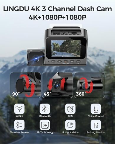 LD08 5K 3 Channel Dash Cam with 128GB eMMC, ADAS, Dashcam Front and Rear Insided with 5GHz WiFi GPS, Voice Control Night Vision G-Sensor Car Camera, 24H Parking Mode Loop Recording Driving Recorder in Kuwait