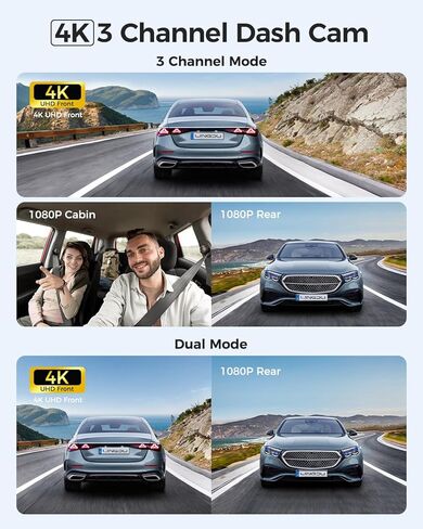 LD08 5K 3 Channel Dash Cam with 128GB eMMC, ADAS, Dashcam Front and Rear Insided with 5GHz WiFi GPS, Voice Control Night Vision G-Sensor Car Camera, 24H Parking Mode Loop Recording Driving Recorder in Kuwait