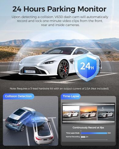 LD08 5K 3 Channel Dash Cam with 128GB eMMC, ADAS, Dashcam Front and Rear Insided with 5GHz WiFi GPS, Voice Control Night Vision G-Sensor Car Camera, 24H Parking Mode Loop Recording Driving Recorder in Kuwait