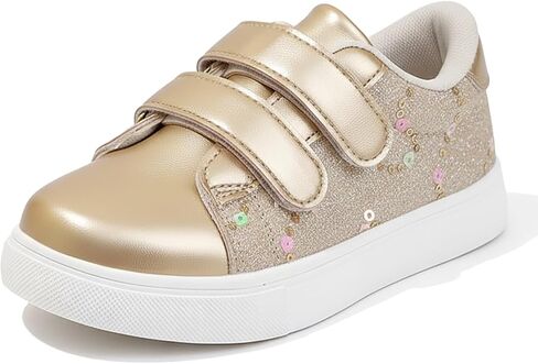 Girls' Casual Sneakers with Adjustable Hook & Loop | Sparkly Glitter Fashion Shoes for Kids | Easy On/Off for School,Walking & Play (Little & Big Kids) Gold in Saudi Arabia