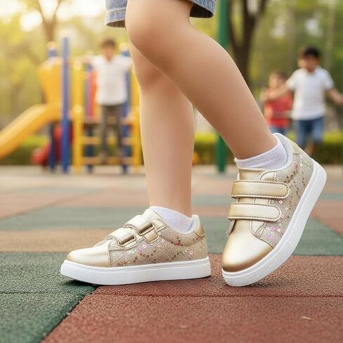 Girls' Casual Sneakers with Adjustable Hook & Loop | Sparkly Glitter Fashion Shoes for Kids | Easy On/Off for School,Walking & Play (Little & Big Kids) Gold in Saudi Arabia