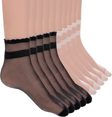 20 Pairs Sheer Socks Women, High Nude Nylon Ruffle Sheer Ankle Socks Invisible Summer Ultra Thin Transparent Nylon Stocking Socks(Black & Nude) in Kuwait