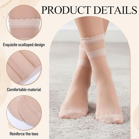 20 Pairs Sheer Socks Women, High Nude Nylon Ruffle Sheer Ankle Socks Invisible Summer Ultra Thin Transparent Nylon Stocking Socks(Black & Nude) in Kuwait