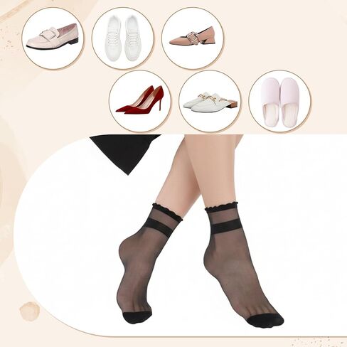 20 Pairs Sheer Socks Women, High Nude Nylon Ruffle Sheer Ankle Socks Invisible Summer Ultra Thin Transparent Nylon Stocking Socks(Black & Nude) in Kuwait