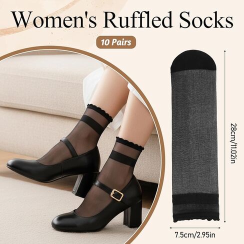 20 Pairs Sheer Socks Women, High Nude Nylon Ruffle Sheer Ankle Socks Invisible Summer Ultra Thin Transparent Nylon Stocking Socks(Black & Nude) in Kuwait