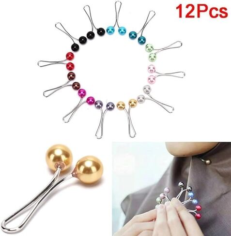 12pcs Multicolor Headscarf Pearl Pins Clips- U Shape Lady Muslim Scarf Shawl Clips-Scarf Shawl Clips Scarf Brooches Pin Jewelry Accessories-Women's Brooches and Pins(4Black&4White&4Gold) in Kuwait