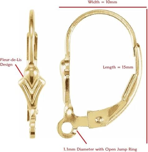 2 Pieces 14K Yellow Gold-Filled Fleur-de-Lis Lever Back Earrings with Ring | Secure Earwire Components for Drop, Dangle & Hoop Designs (1 Pair, Made in USA, 1/20 14K Stamped) by Duhaas in Kuwait