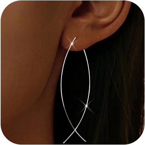 925 Sterling Silver Dainty Hard Wire Threader Dangle Earrings for Women 14k Gold Plated Tassel Threader Pull Through Long Half Hoop Earring Wedding Bridal Mother’s Day Birthday Jewelry Gifts in Saudi Arabia