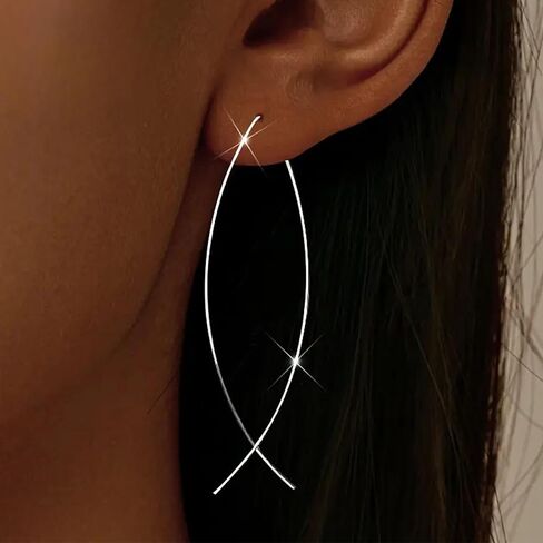 925 Sterling Silver Dainty Hard Wire Threader Dangle Earrings for Women 14k Gold Plated Tassel Threader Pull Through Long Half Hoop Earring Wedding Bridal Mother’s Day Birthday Jewelry Gifts in Saudi Arabia