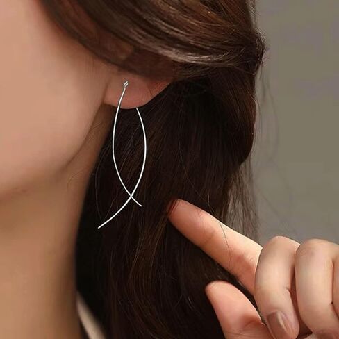 925 Sterling Silver Dainty Hard Wire Threader Dangle Earrings for Women 14k Gold Plated Tassel Threader Pull Through Long Half Hoop Earring Wedding Bridal Mother’s Day Birthday Jewelry Gifts in Saudi Arabia
