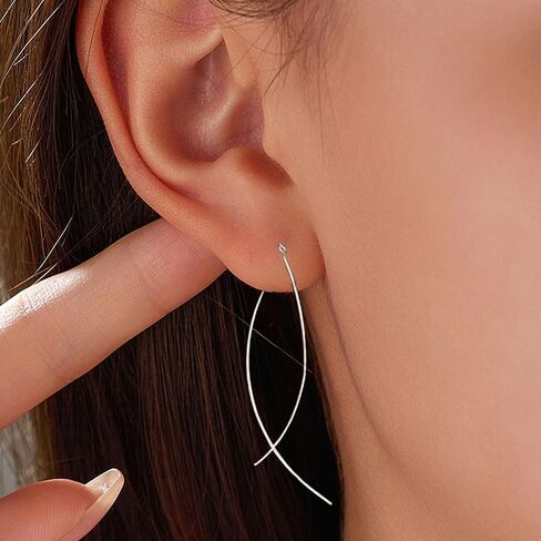 925 Sterling Silver Dainty Hard Wire Threader Dangle Earrings for Women 14k Gold Plated Tassel Threader Pull Through Long Half Hoop Earring Wedding Bridal Mother’s Day Birthday Jewelry Gifts in Saudi Arabia