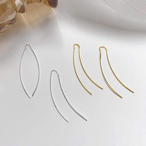 925 Sterling Silver Dainty Hard Wire Threader Dangle Earrings for Women 14k Gold Plated Tassel Threader Pull Through Long Half Hoop Earring Wedding Bridal Mother’s Day Birthday Jewelry Gifts in Saudi Arabia
