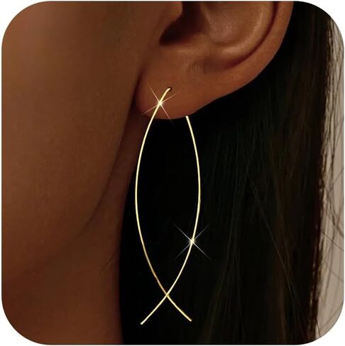 925 Sterling Silver Dainty Hard Wire Threader Dangle Earrings for Women 14k Gold Plated Tassel Threader Pull Through Long Half Hoop Earring Wedding Bridal Mother’s Day Birthday Jewelry Gifts in Saudi Arabia