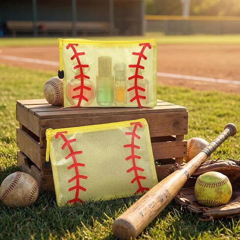 12 Pcs Softball Team Makeup Bag Gifts Bulk Clear Softball Mesh Zipper Cosmetic Bags with Zipper, Beach Pool Summer Waterproof Mesh Bag for Women Men Team Player Travel in Kuwait