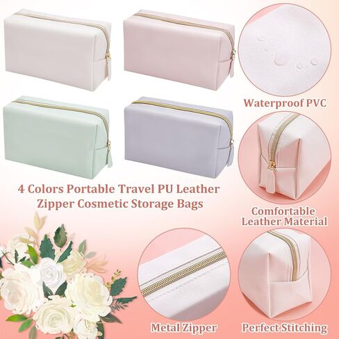 12Pcs 4 Color Makeup Bag PU Leather Cosmetic Pouch, Bridesmaid Makeup Bags Bulk Zipper Cosmetic Pouch Waterproof Small Portable Toiletry Bag for Women Travel Wedding Party Favors in Kuwait