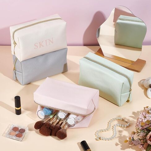 12Pcs 4 Color Makeup Bag PU Leather Cosmetic Pouch, Bridesmaid Makeup Bags Bulk Zipper Cosmetic Pouch Waterproof Small Portable Toiletry Bag for Women Travel Wedding Party Favors in Kuwait