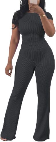 HBQ Women Two Piece Outfit Ribbed Short Sleeve V Neck Polo Top and Flare Pants Casual Lounge Sets Tracksuit in Kuwait