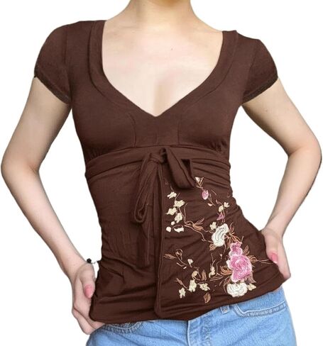Fairy Grunge Cottagecore Top 2000s Mcbling Graphic Teen Girls Clothes Y2k V Neck Floral Whimsy Twee Shirt Women in Saudi Arabia