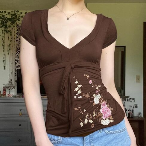 Fairy Grunge Cottagecore Top 2000s Mcbling Graphic Teen Girls Clothes Y2k V Neck Floral Whimsy Twee Shirt Women in Saudi Arabia