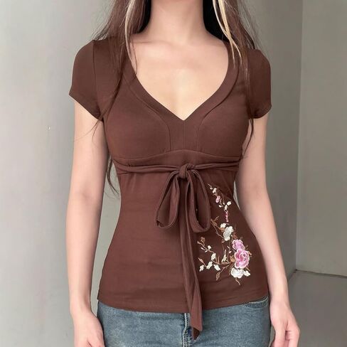 Fairy Grunge Cottagecore Top 2000s Mcbling Graphic Teen Girls Clothes Y2k V Neck Floral Whimsy Twee Shirt Women in Saudi Arabia