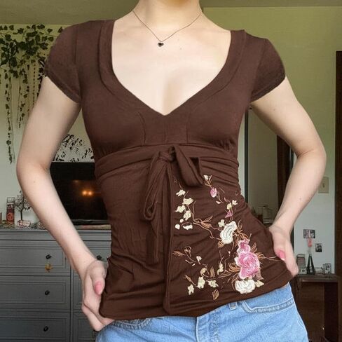 Fairy Grunge Cottagecore Top 2000s Mcbling Graphic Teen Girls Clothes Y2k V Neck Floral Whimsy Twee Shirt Women in Saudi Arabia