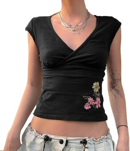 قميص نسائي من Fairy Grunge Cottagecore موديل 2000s Mcbling جرافيك للفتيات المراهقات Y2k برقبة على شكل حرف V قميص نسائي منقوش عليه زهور in Kuwait