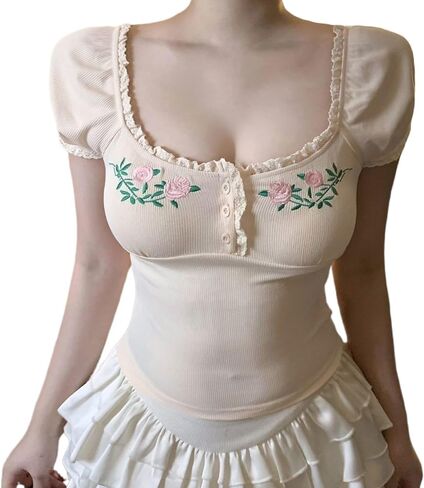 Fairy Grunge Cottagecore Top 2000s Mcbling Graphic Teen Girls Clothes Y2k V Neck Floral Whimsy Twee Shirt Women in Saudi Arabia