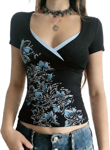 Fairy Grunge Cottagecore Top 2000s Mcbling Graphic Teen Girls Clothes Y2k V Neck Floral Whimsy Twee Shirt Women in Saudi Arabia