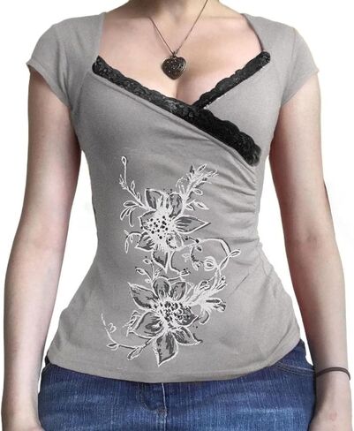 Fairy Grunge Cottagecore Top 2000s Mcbling Graphic Teen Girls Clothes Y2k V Neck Floral Whimsy Twee Shirt Women in Saudi Arabia