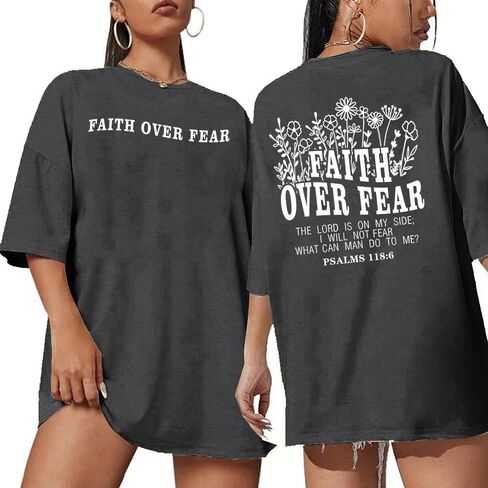 Christian Shirts for Women Faith Over Fear Oversized Graphic tees Jesus Shirt Bible Verse Casual Short Sleeve Top in Kuwait