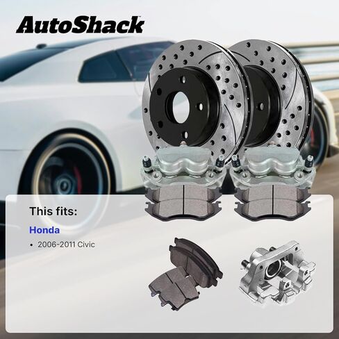 AutoShack Front Vented Drilled & Slotted E-Coated Brake Rotors + Ceramic Pads + Calipers 8-PC Brake Kit Replacement for 2006-2011 Honda Civic ShadowGuard 10.31" (261.9 mm) in Saudi Arabia