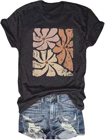 تي شيرت نسائي عتيق مزين بالزهور تي شيرت بوهو زهور جرافيك تي شيرت لطيف على شكل زهور برية قميص صيفي غير رسمي بأكمام قصيرة in Kuwait