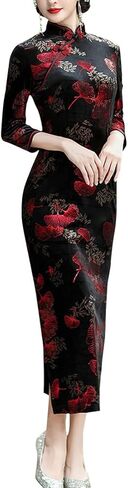 فستان BooW النسائي الأنيق المخملي Cheongsam Qipao بياقة اليوسفي الصيني وفتحة جانبية (909# أسود×أحمر، متوسط) in Saudi Arabia