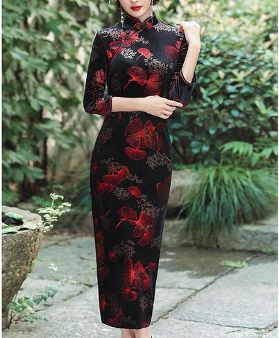 فستان BooW النسائي الأنيق المخملي Cheongsam Qipao بياقة اليوسفي الصيني وفتحة جانبية (909# أسود×أحمر، متوسط) in Saudi Arabia
