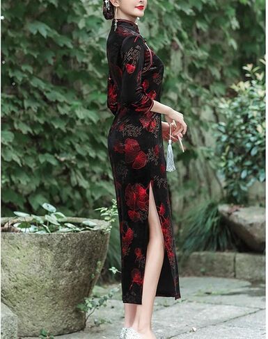 فستان BooW النسائي الأنيق المخملي Cheongsam Qipao بياقة اليوسفي الصيني وفتحة جانبية (909# أسود×أحمر، متوسط) in Saudi Arabia