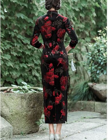 فستان BooW النسائي الأنيق المخملي Cheongsam Qipao بياقة اليوسفي الصيني وفتحة جانبية (909# أسود×أحمر، متوسط) in Saudi Arabia