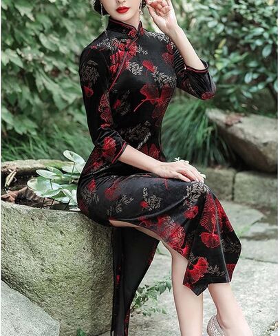 فستان BooW النسائي الأنيق المخملي Cheongsam Qipao بياقة اليوسفي الصيني وفتحة جانبية (909# أسود×أحمر، متوسط) in Saudi Arabia