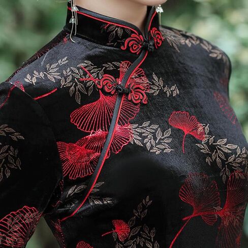 فستان BooW النسائي الأنيق المخملي Cheongsam Qipao بياقة اليوسفي الصيني وفتحة جانبية (909# أسود×أحمر، متوسط) in Saudi Arabia