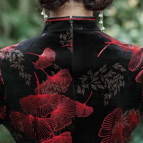 فستان BooW النسائي الأنيق المخملي Cheongsam Qipao بياقة اليوسفي الصيني وفتحة جانبية (909# أسود×أحمر، متوسط) in Saudi Arabia