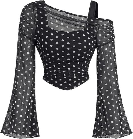 Women's Y2K Lettuce Trim Long Bell Sleeve 2 in 1 T Shirts Mesh Asymmetrical Neck Ruched Tee Shirts Crop Top in Kuwait