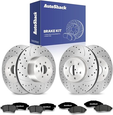 AutoShack Front Vented & Rear Vented Drilled & Slotted E-Coated Brake Rotors + Ceramic Pads 12-PC Brake Kit Replacement for 2005-2024 Nissan Frontier 2008-2015 Nissan Xterra ShadowGuard in Saudi Arabia
