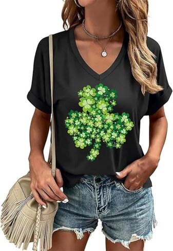 Lucky Irish Shamrock V Neck Shirt for Women St Patrick's Day Funny Clover T Shirt Patty's Shamrock Saint Tops Spring Tee in Saudi Arabia