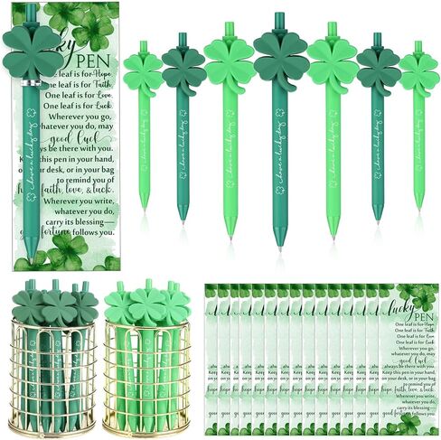 Epakh 24 Set St Patrick's Day Shamrock Pens Bulk Gifts Green Clover Glowing Black Ink Lucky Ballpoint Pens with Irish Blessing Cards Twist Ties Employee Appreciation Gifts Bulk in Saudi Arabia